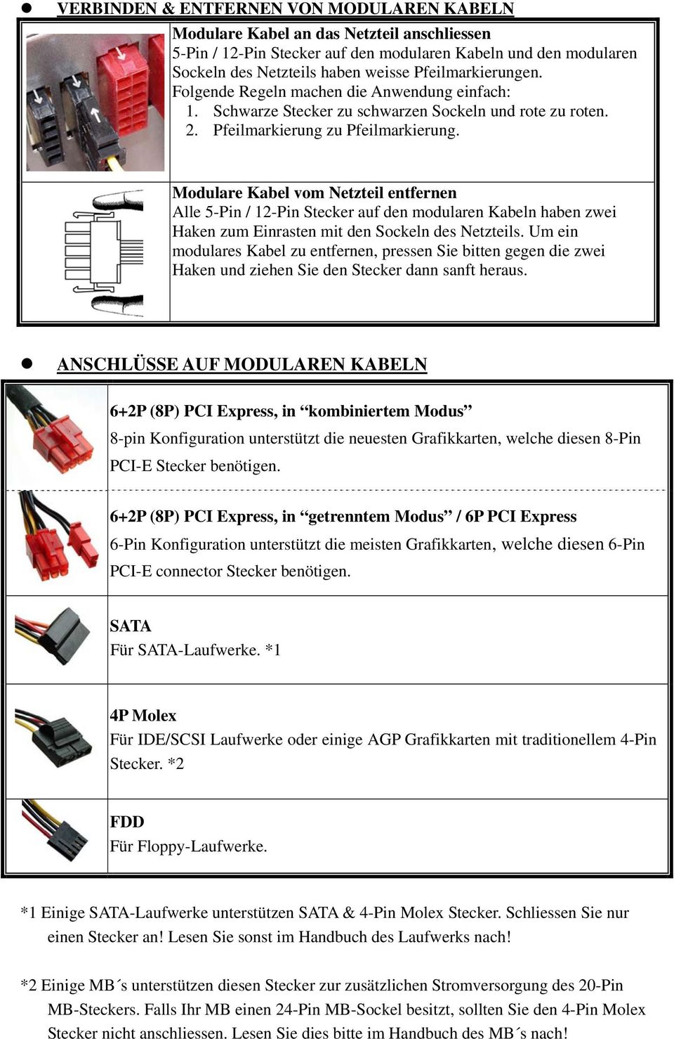 Modulare Kabel vom Netzteil entfernen Alle 5-Pin / 12-Pin Stecker auf den modularen Kabeln haben zwei Haken zum Einrasten mit den Sockeln des Netzteils.