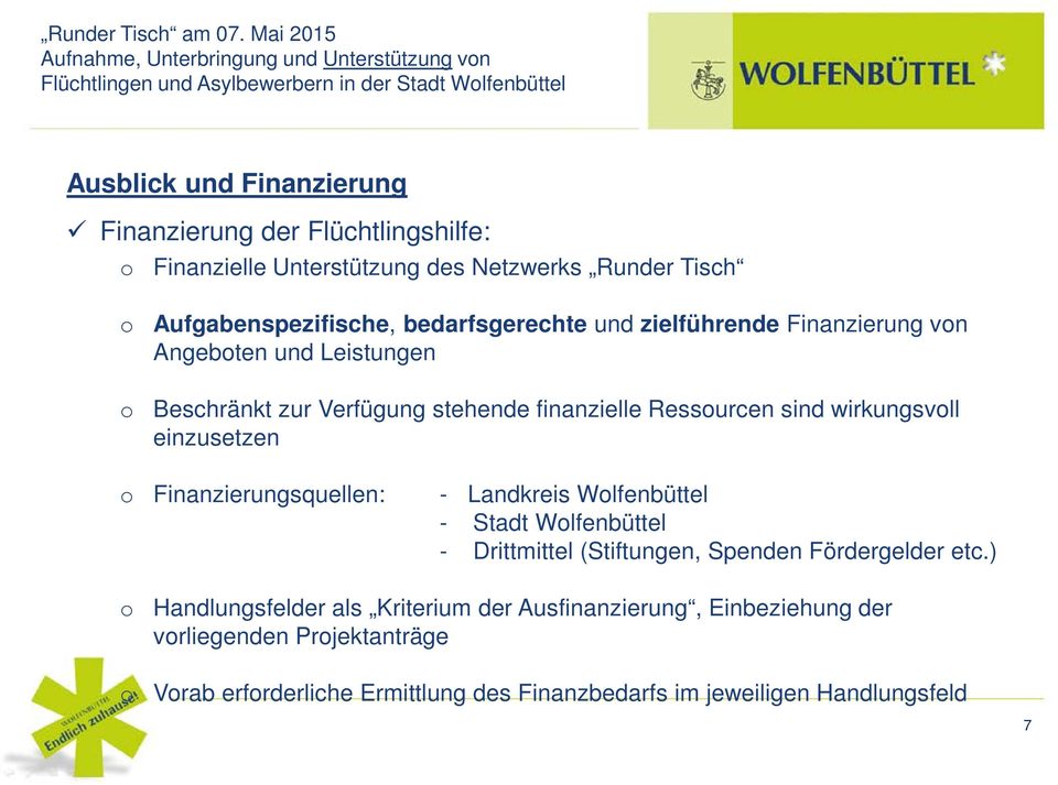 einzusetzen Finanzierungsquellen: - Landkreis Wlfenbüttel - Stadt Wlfenbüttel - Drittmittel (Stiftungen, Spenden Fördergelder etc.