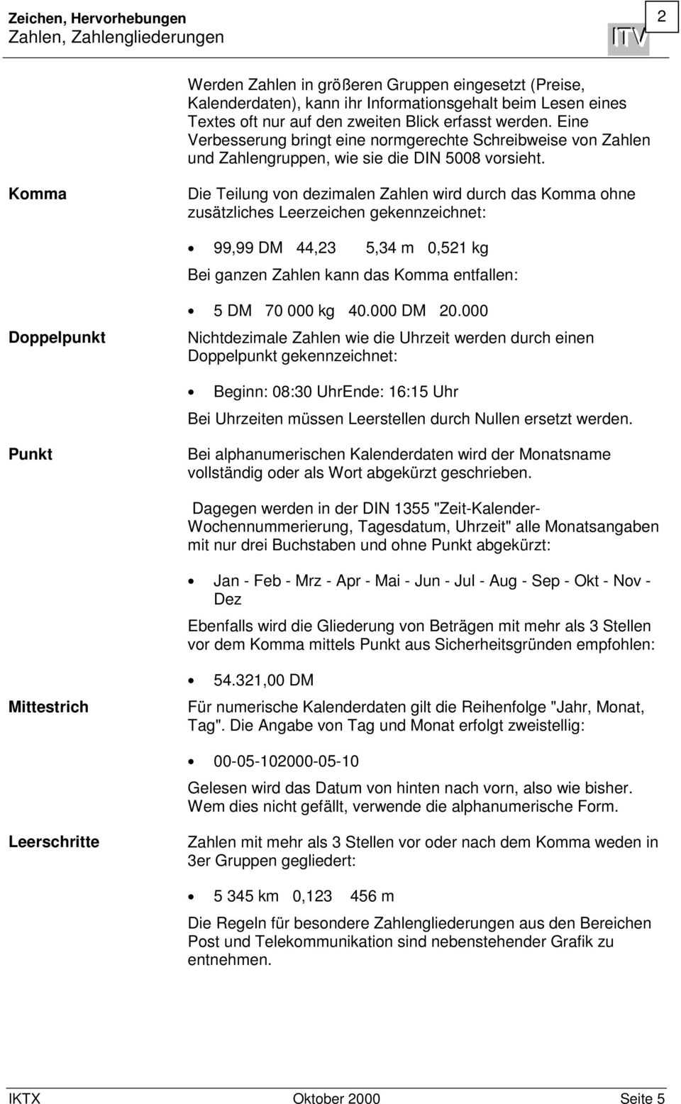 Komma Die Teilung von dezimalen Zahlen wird durch das Komma ohne zusätzliches Leerzeichen gekennzeichnet: 99,99 DM 44,23 5,34 m 0,521 kg Bei ganzen Zahlen kann das Komma entfallen: Doppelpunkt 5 DM