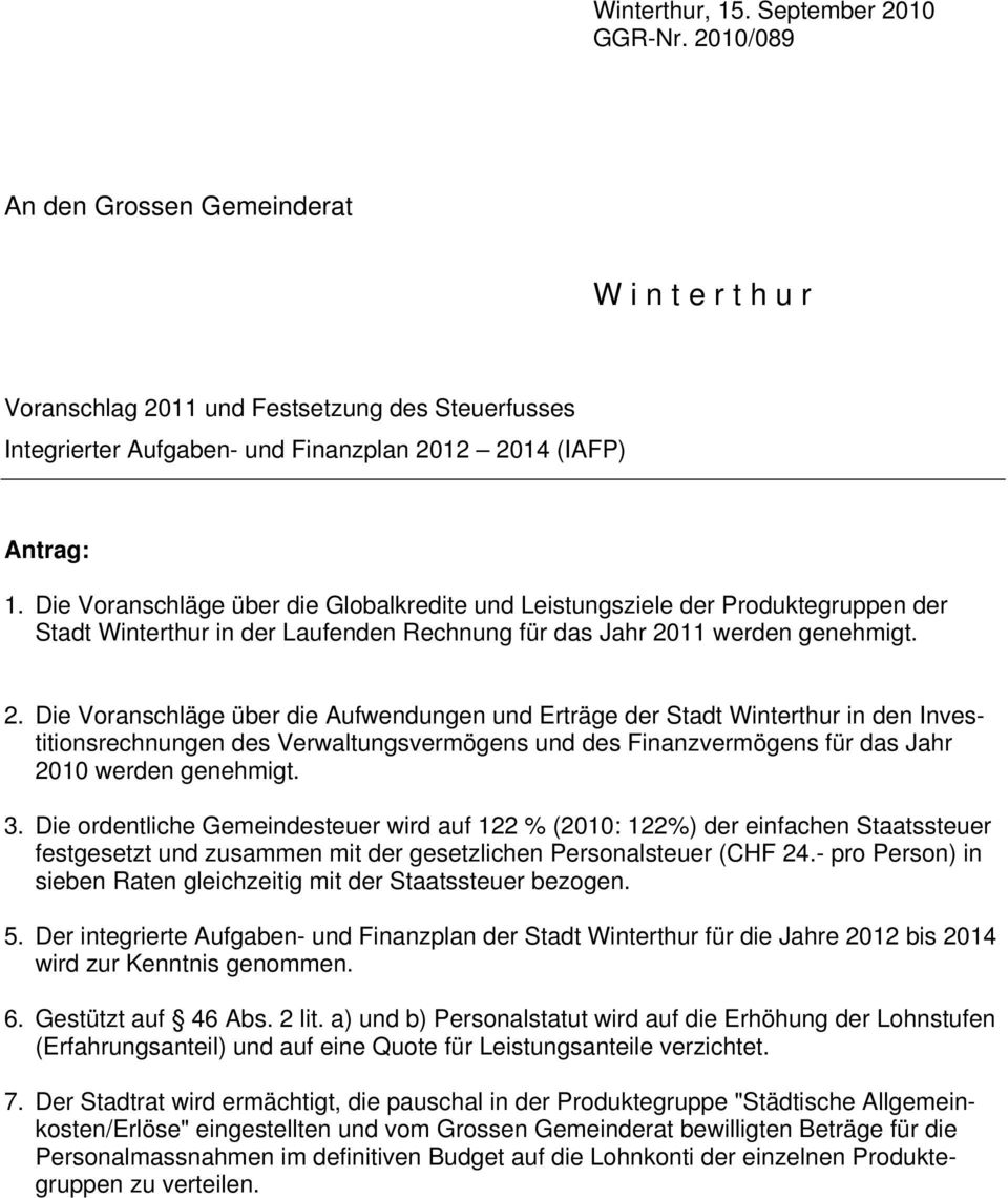 Die Voranschläge über die Globalkredite und Leistungsziele der Produktegruppen der Stadt Winterthur in der Laufenden Rechnung für das Jahr 20