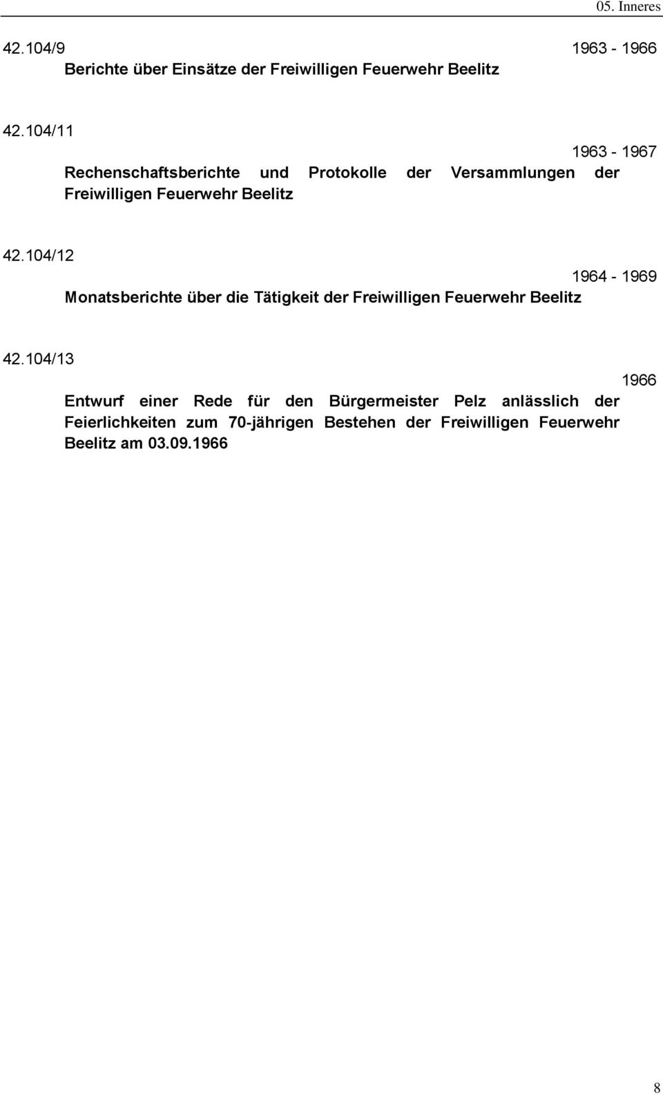 104/12 1964-1969 Monatsberichte über die Tätigkeit der Freiwilligen Feuerwehr Beelitz 42.