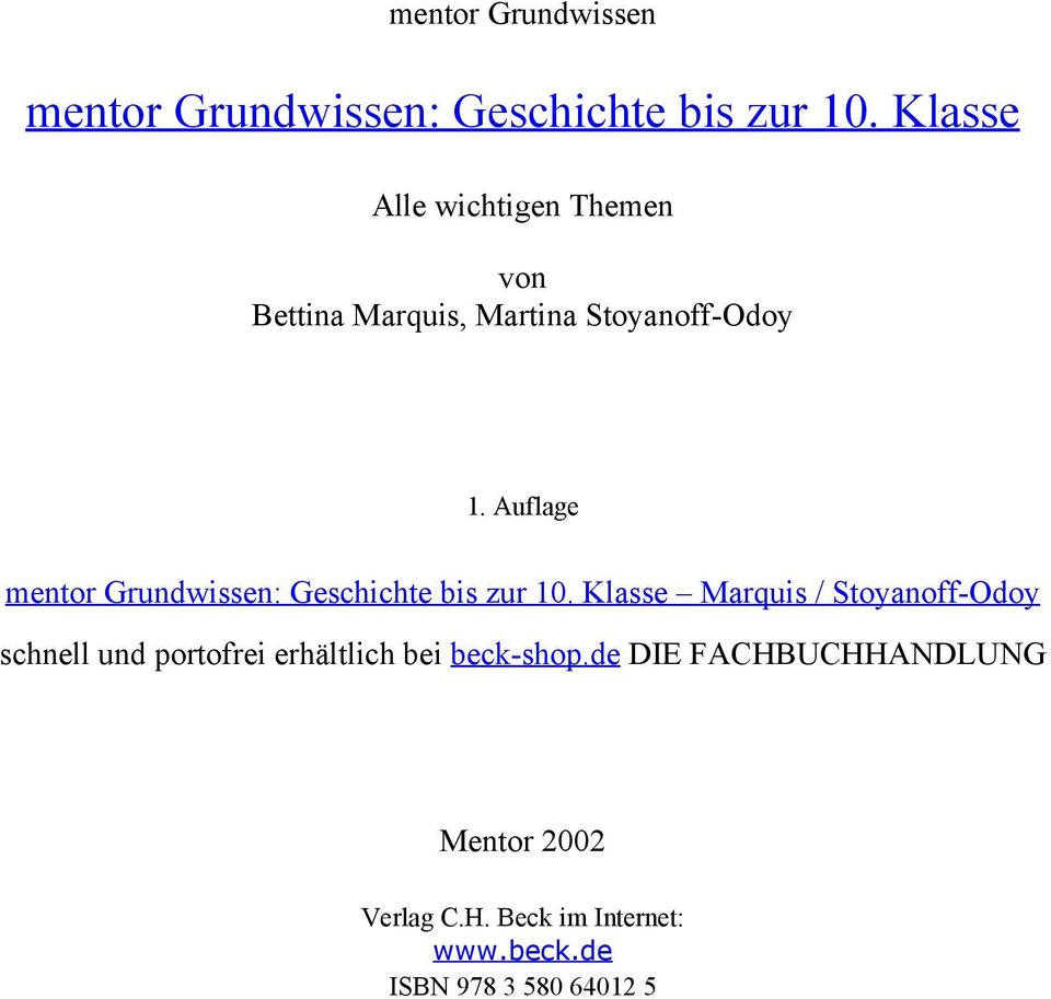 Auflage mentor Grundwissen: Geschichte bis zur 10.