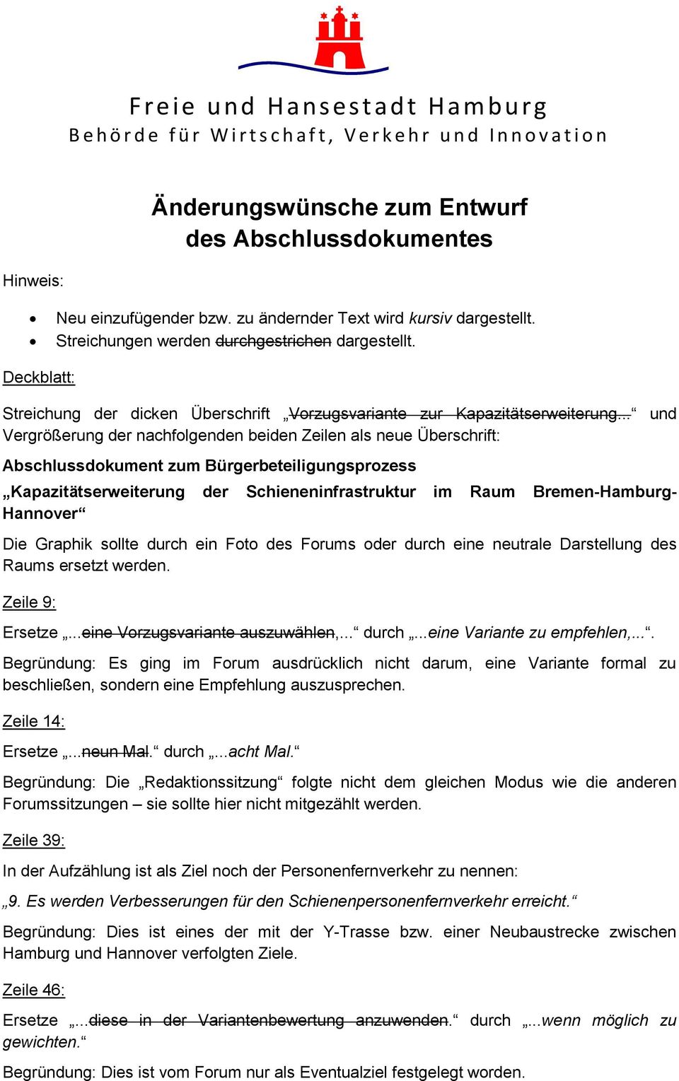 .. und Vergrößerung der nachfolgenden beiden Zeilen als neue Überschrift: Abschlussdokument zum Bürgerbeteiligungsprozess Kapazitätserweiterung der Schieneninfrastruktur im Raum Bremen-Hamburg-