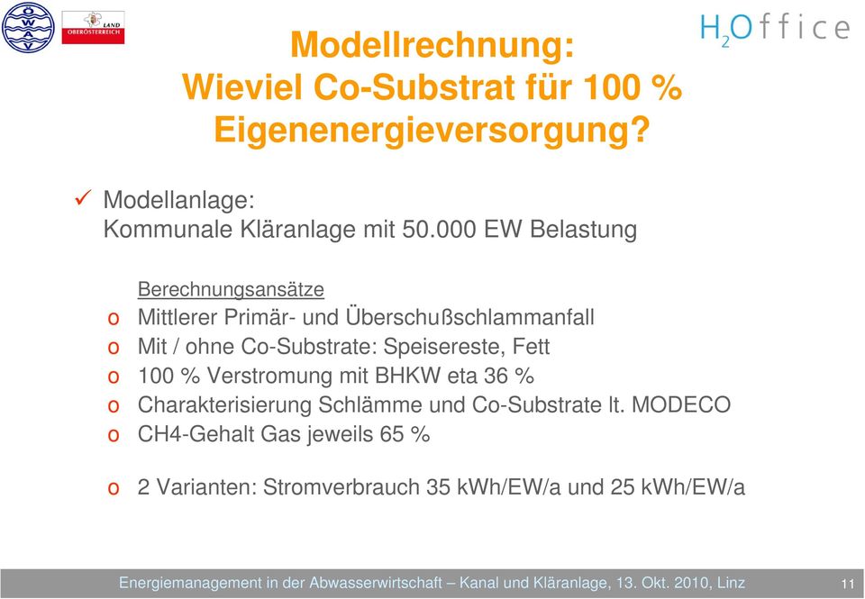 o 100 % Verstromung mit BHKW eta 36 % o Charakterisierung Schlämme und Co-Substrate lt.