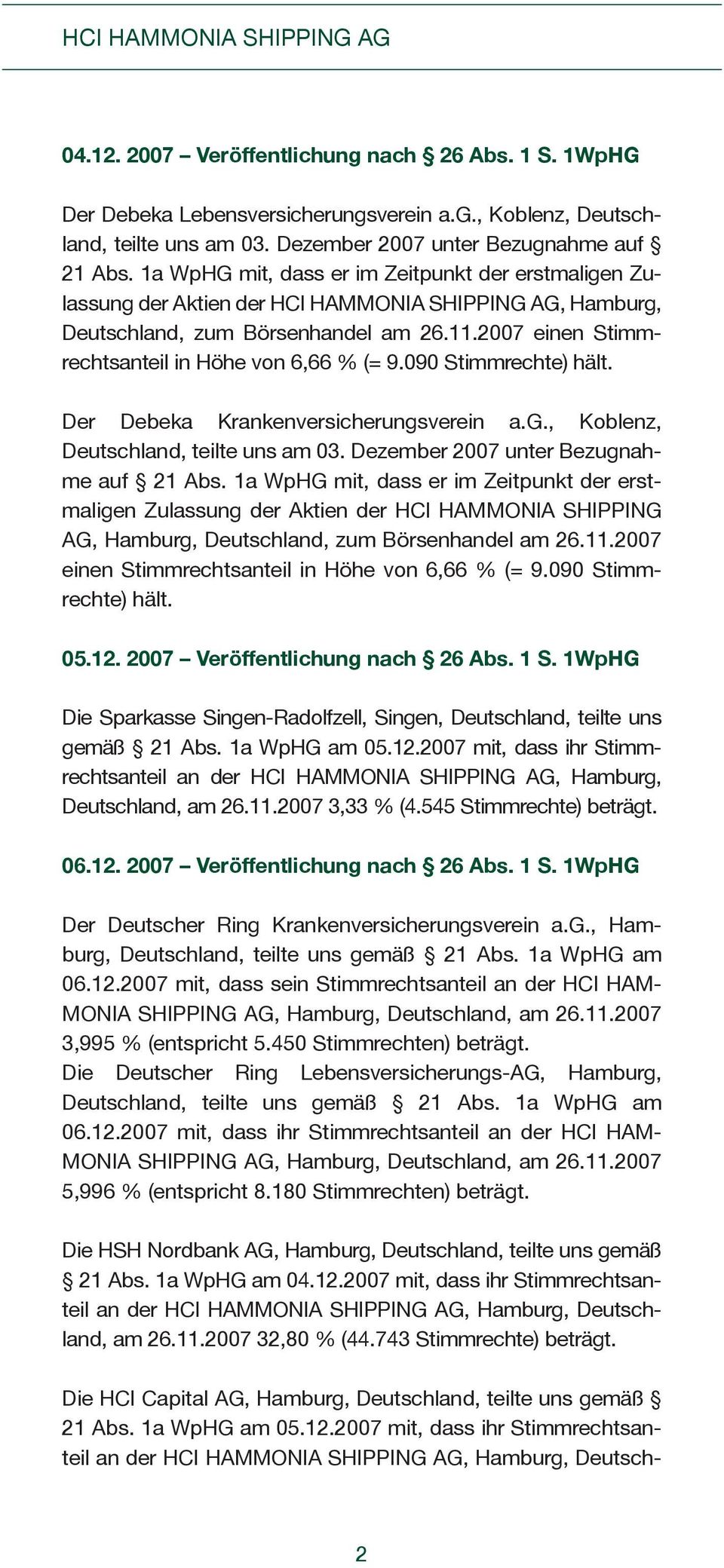 2007 einen Stimmrechtsanteil in Höhe von 6,66 % (= 9.090 Stimmrechte) hält. Der Debeka Krankenversicherungsverein a.g., Koblenz, Deutschland, teilte uns am 03.