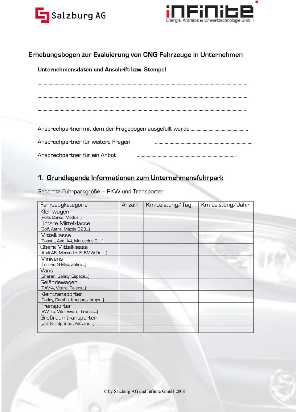 Grundlegende Informationen zum Unternehmensfuhrpark Gesamte Fuhrparkgröße PKW und Transporter Fahrzeugkategorie Anzahl Km Leistung/Tag Km Leistung/Jahr Kleinwagen (Polo, Corsa, Modus.