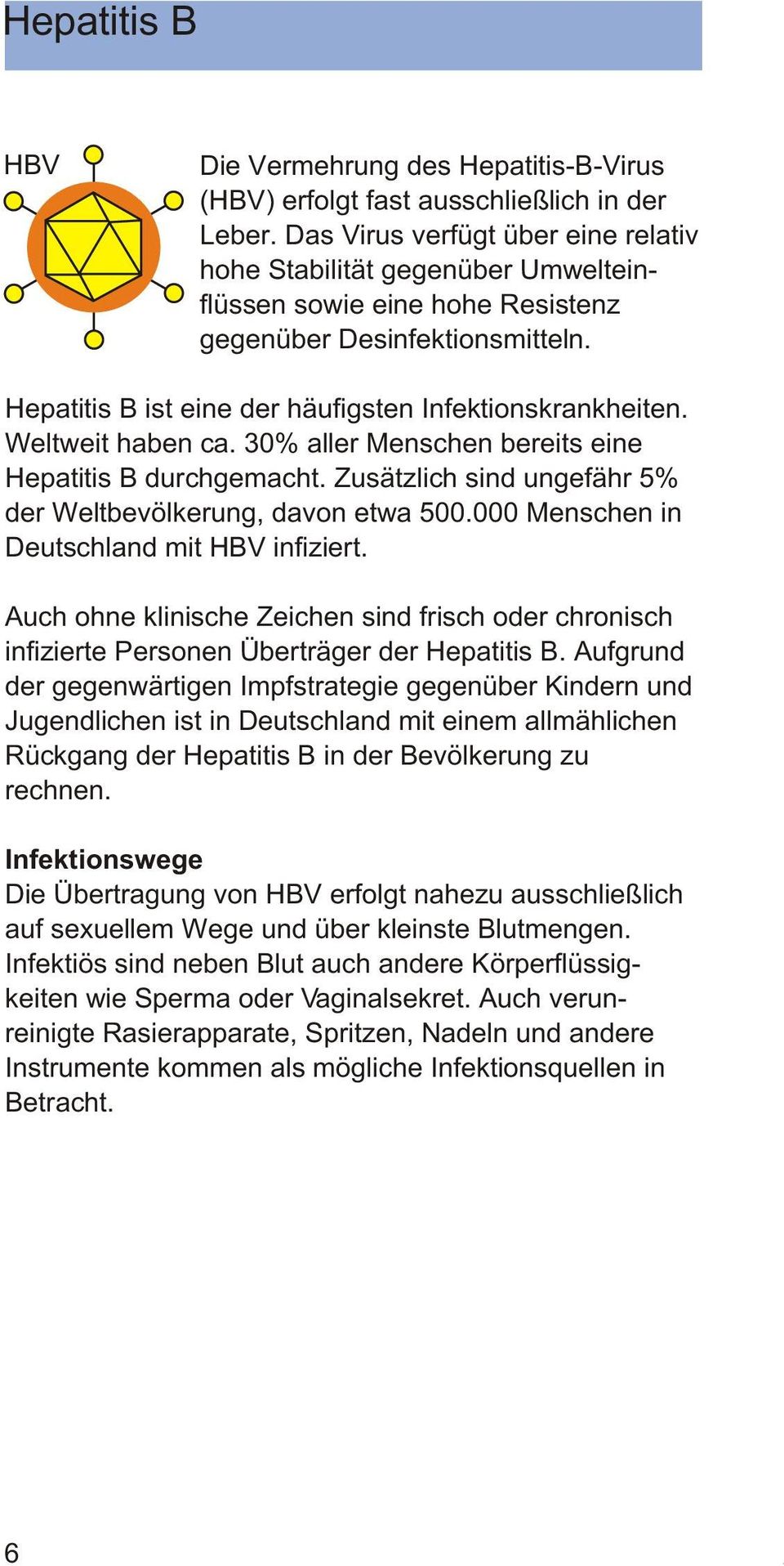 Weltweit haben ca. 30% aller Menschen bereits eine Hepatitis B durchgemacht. Zusätzlich sind ungefähr 5% der Weltbevölkerung, davon etwa 500.000 Menschen in Deutschland mit HBV infiziert.