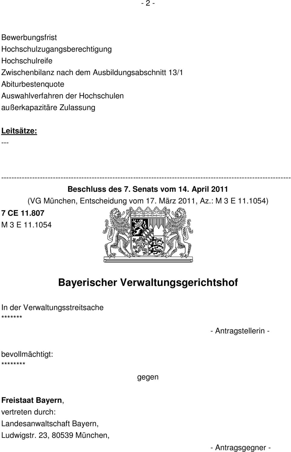 Senats vom 14. April 2011 (VG München, Entscheidung vom 17. März 2011, Az.: M 3 E 11.1054) 7 CE 11.807 M 3 E 11.