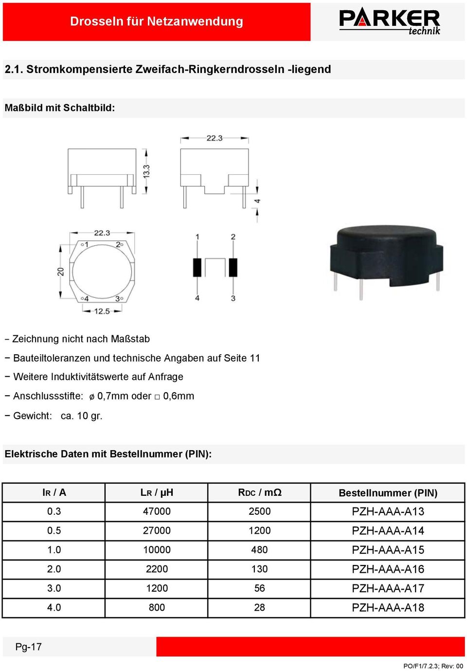 technische Angaben auf Seite 11 Weitere Induktivitätswerte auf Anfrage Anschlussstifte: ø 0,7mm oder 0,6mm Gewicht: ca. 10 gr.