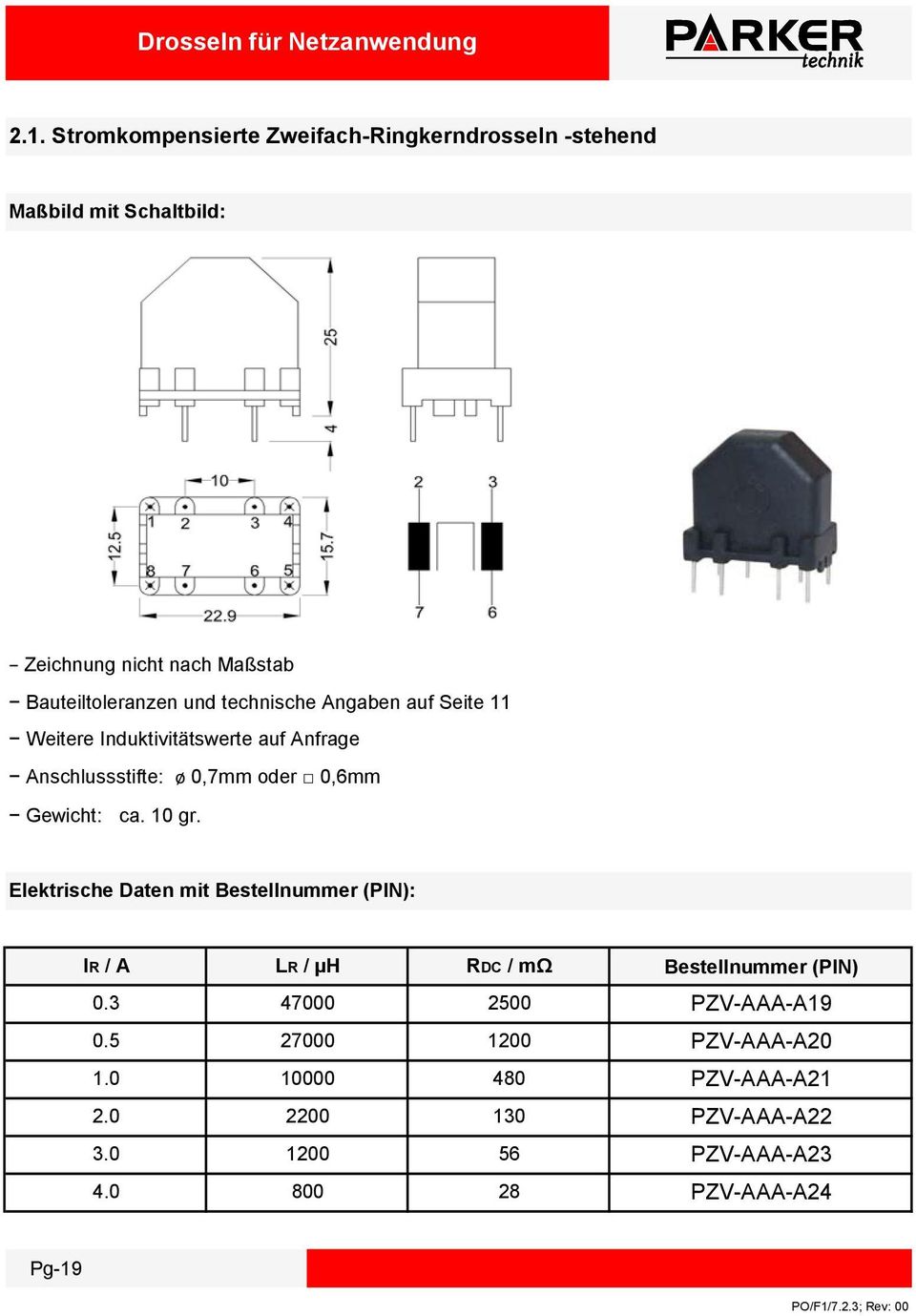 technische Angaben auf Seite 11 Weitere Induktivitätswerte auf Anfrage Anschlussstifte: ø 0,7mm oder 0,6mm Gewicht: ca. 10 gr.