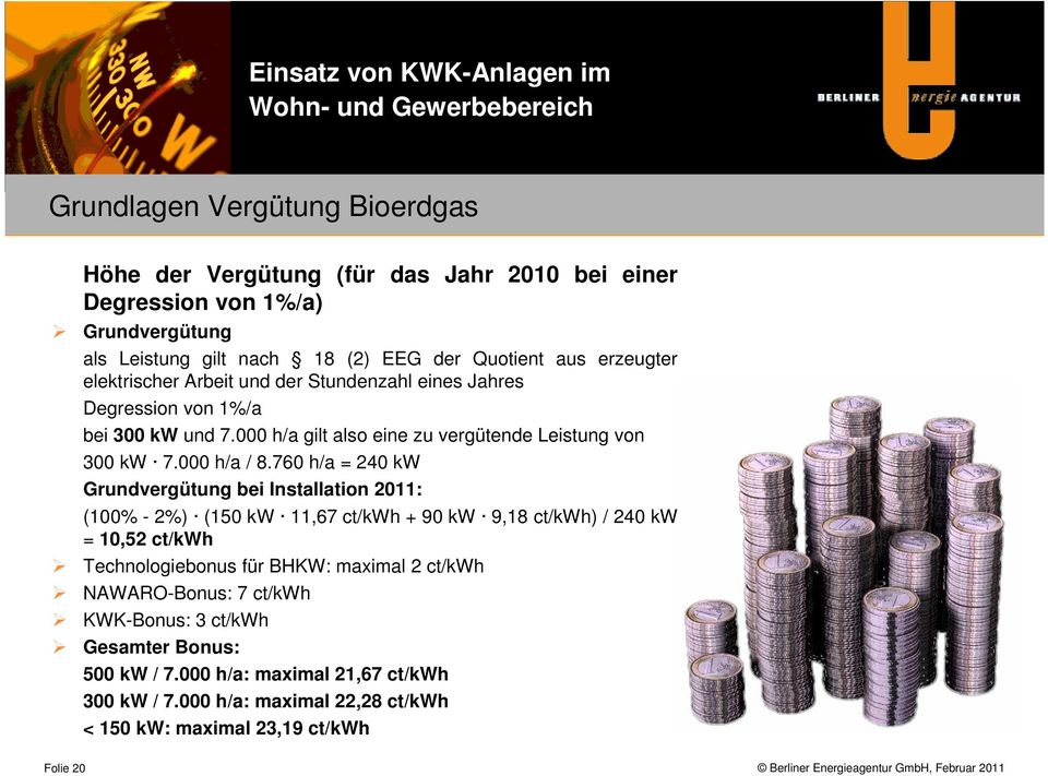 760 h/a = 240 kw Grundvergütung bei Installation 2011: (100% - 2%) (150 kw 11,67 ct/kwh + 90 kw 9,18 ct/kwh) / 240 kw = 10,52 ct/kwh Technologiebonus für BHKW: maximal 2