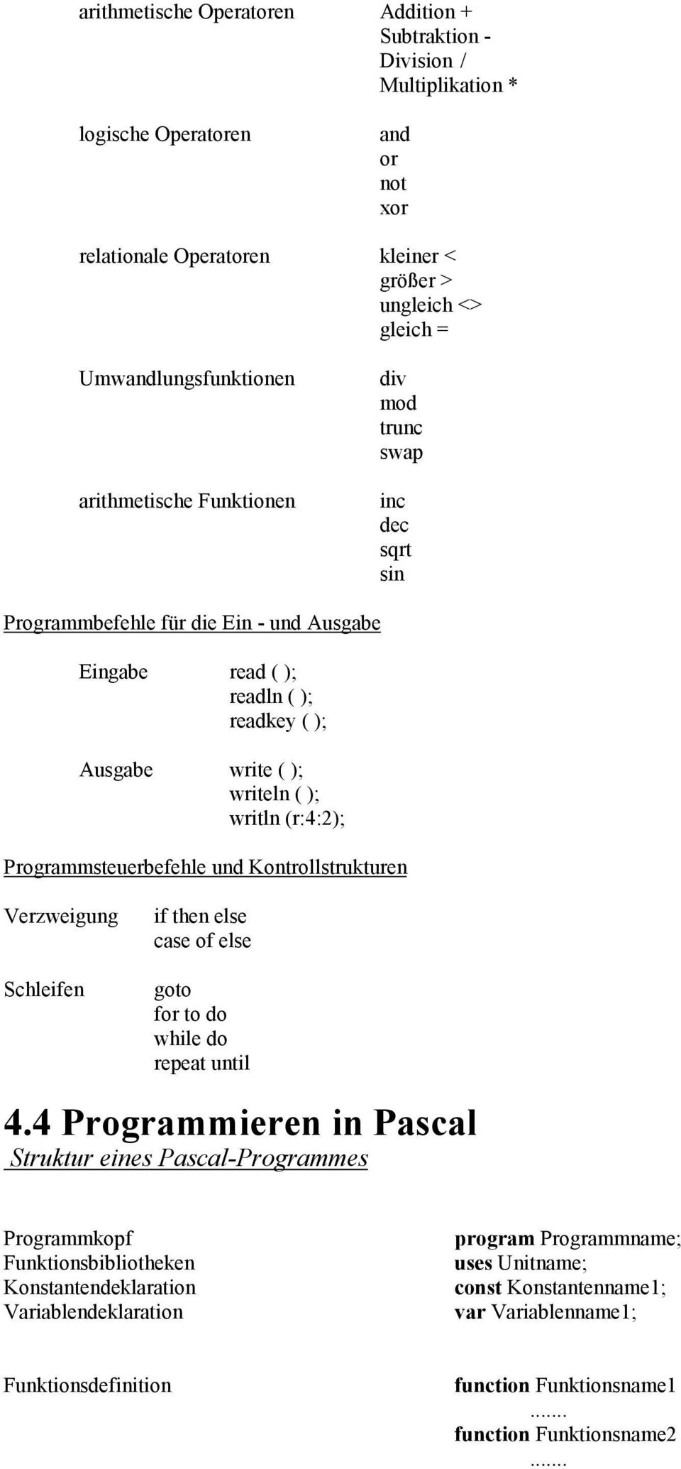 Programmsteuerbefehle und Kontrollstrukturen Verzweigung Schleifen if then else case of else goto for to do while do repeat until 4.