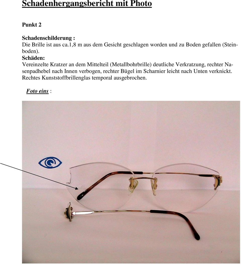 Schäden: Vereinzelte Kratzer an dem Mittelteil (Metallbohrbrille) deutliche Verkratzung, rechter