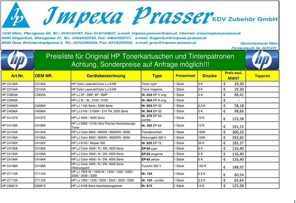 at Gerichtsstand Wien Firmenbuch Nr. 201147f Preisliste für Original HP Tonerkartuschen und Tintenpatronen Achtung, Sonderpreise auf Anfrage möglich!!! Art.Nr. OEM NR.