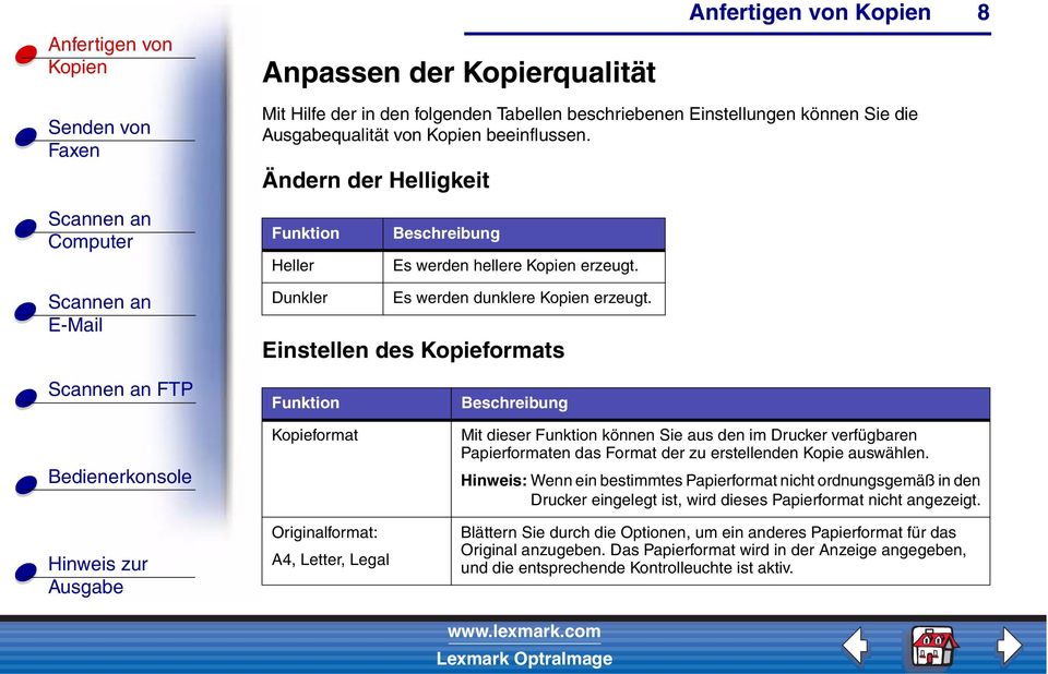 Einstellen des Kopieformats FTP Funktion Kopieformat Originalformat: A4, Letter, Legal Beschreibung Mit dieser Funktion können Sie aus den im Drucker verfügbaren Papierformaten das Format der zu