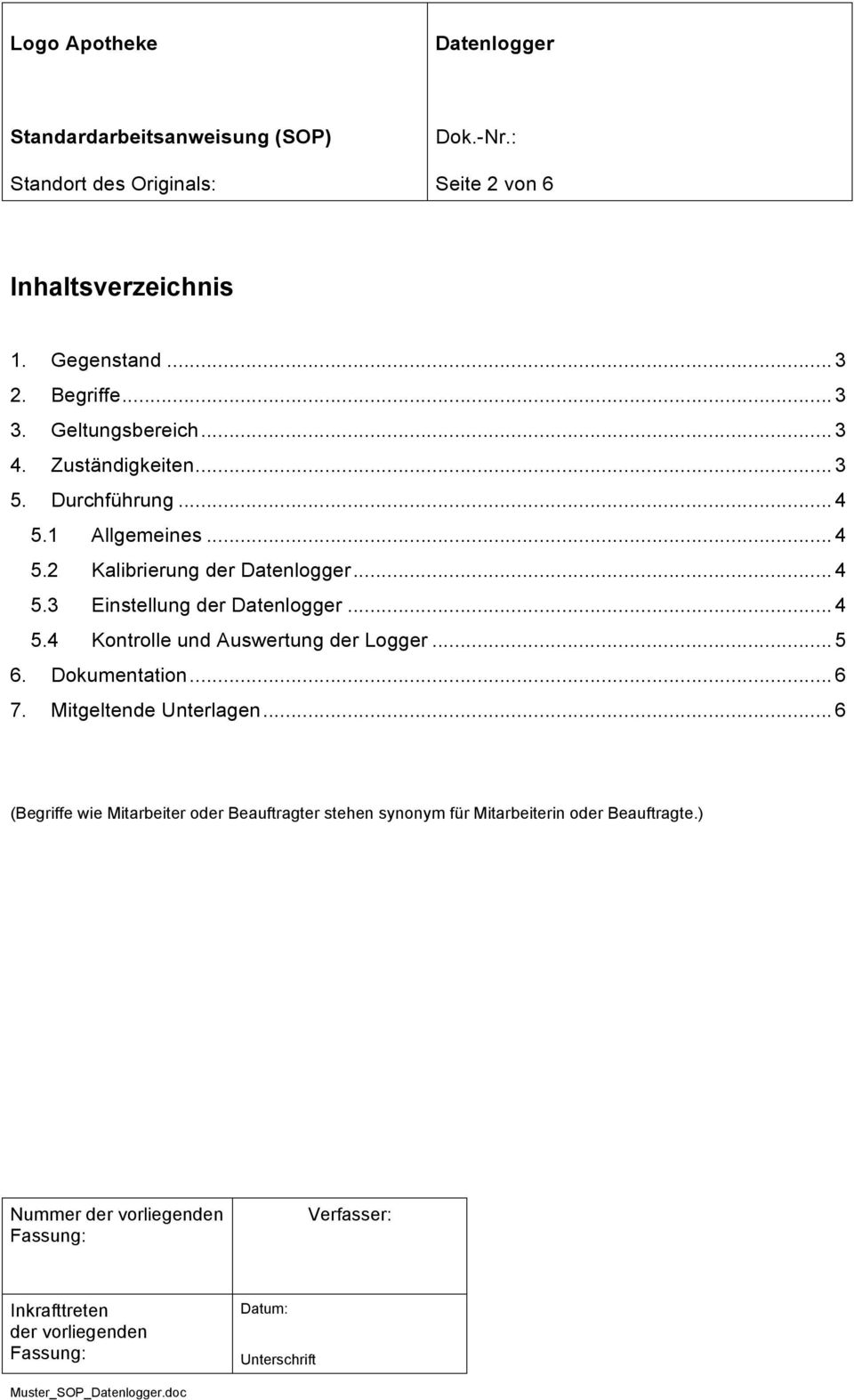 .. 4 5.4 Kontrolle und Auswertung der Logger... 5 6. Dokumentation... 6 7. Mitgeltende Unterlagen.