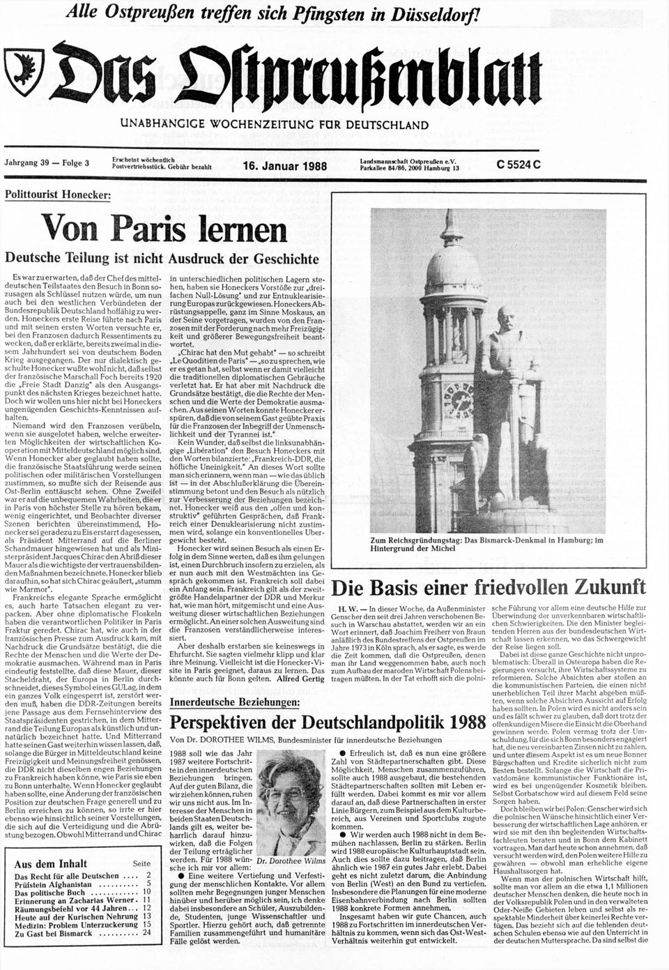 Parkallee 84/86, 2000 Hamburg 13 C5524C Polittourist Honecker: Von Paris lernen Deutsche Teilung ist nicht Ausdruck der Geschichte Es war zu erwarten, daß der Chef des mitteldeutschen Teilstaates den