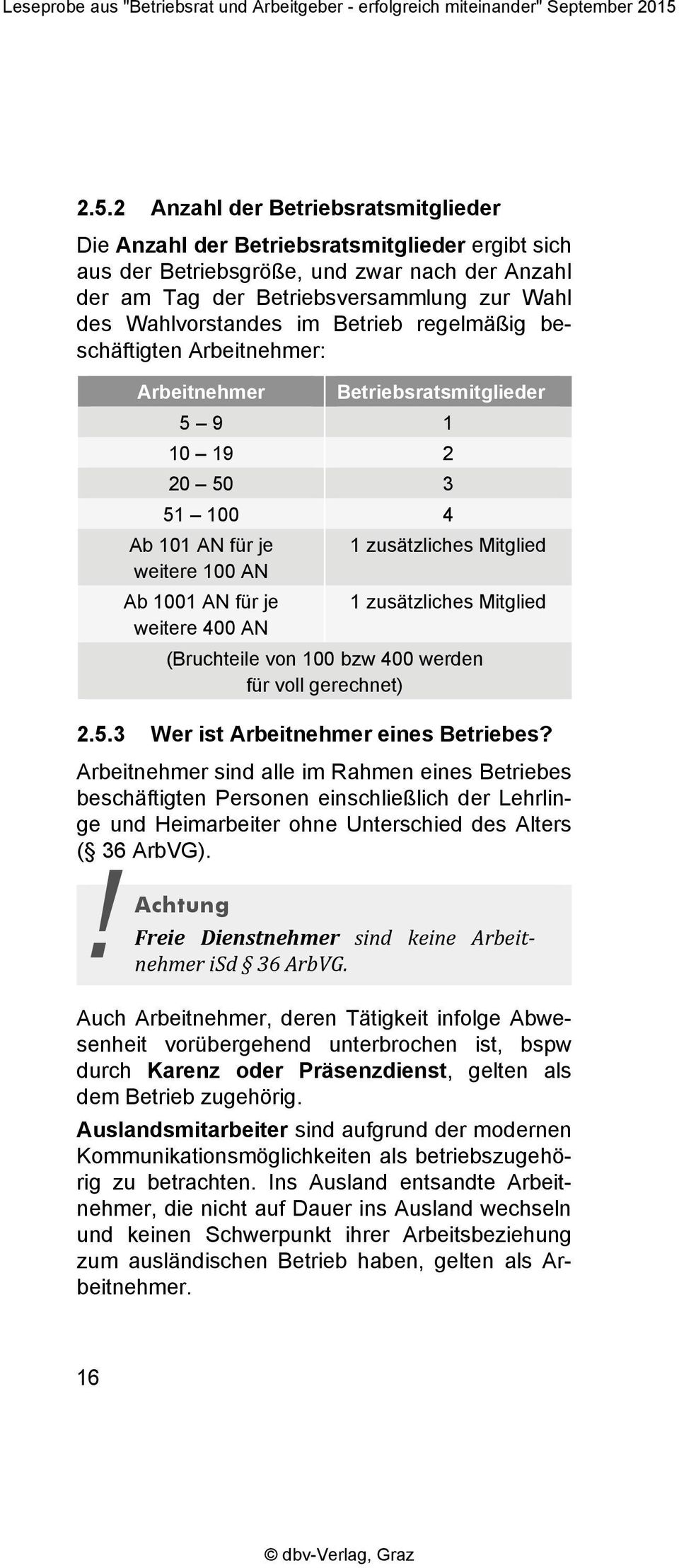 für je 1 zusätzliches Mitglied weitere 400 AN (Bruchteile von 100 bzw 400 werden für voll gerechnet) 2.5.3 Wer ist Arbeitnehmer eines Betriebes?