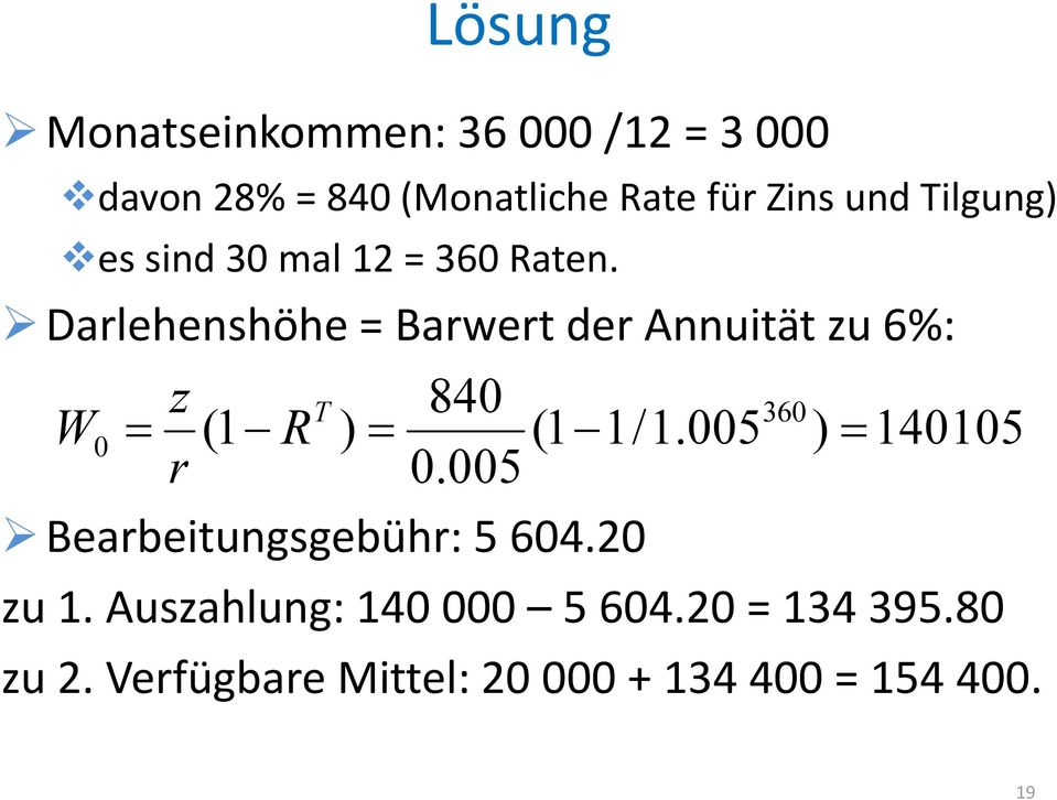 Darlehenshöhe Barwer der Annuiä zu 6%: z 840 360 W0 ( ) ( /.005 ) 4005 r 0.