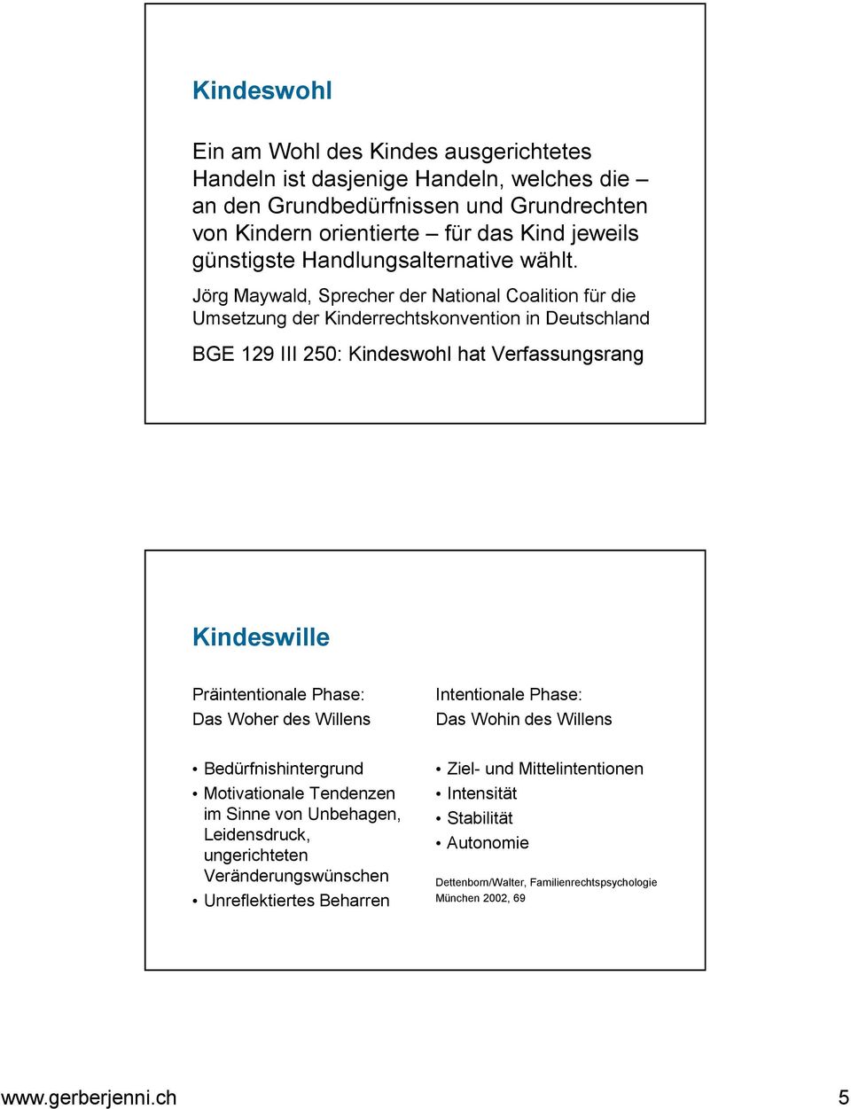 Jörg Maywald, Sprecher der National Coalition für die Umsetzung der Kinderrechtskonvention in Deutschland BGE 129 III 250: Kindeswohl hat Verfassungsrang Kindeswille Präintentionale Phase: