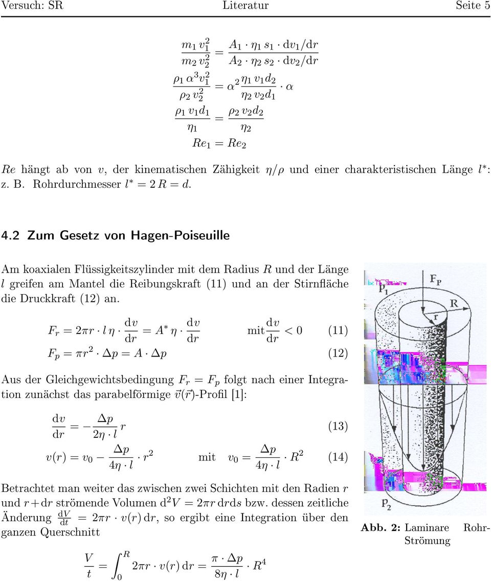 2 Zum Gesez von Hagen-Poiseuille Am koaxialen Flüssigkeiszylinder mi dem Radius R und der Länge l greifen am Manel die Reibungskraf (11) und an der Sirnfläche die Druckkraf (12) an.