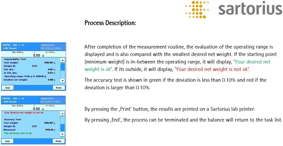 If its outside, it will display, Your desired net weight is not ok. The accuracy test is shown in green if the deviation is less than 0.