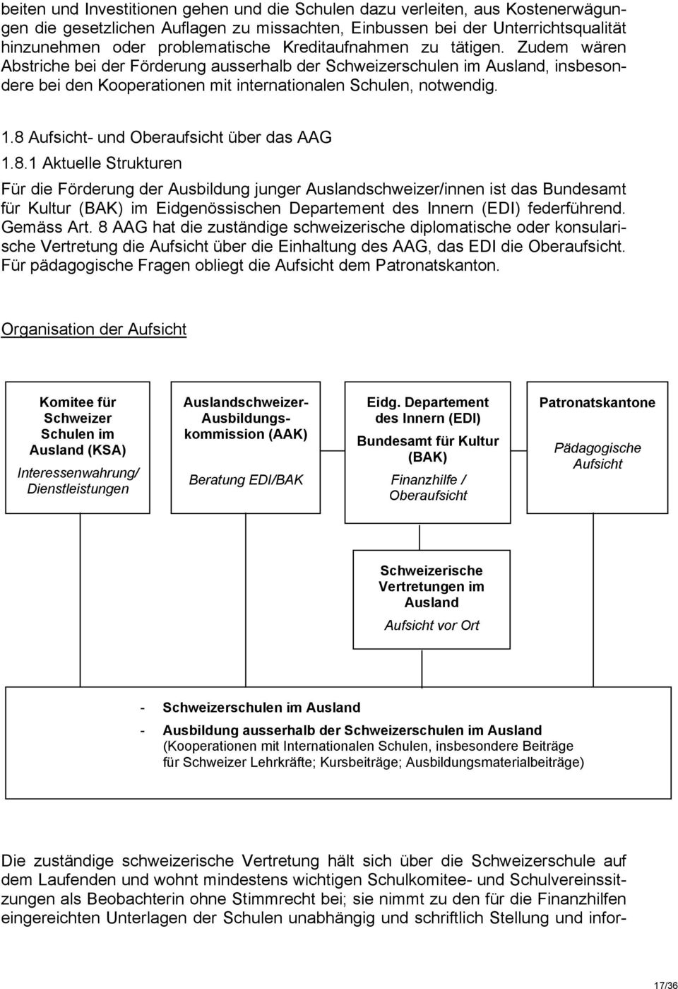 8 Aufsicht- und Oberaufsicht über das AAG 1.8.1 Aktuelle Strukturen Für die Förderung der Ausbildung junger Auslandschweizer/innen ist das Bundesamt für Kultur (BAK) im Eidgenössischen Departement des Innern (EDI) federführend.