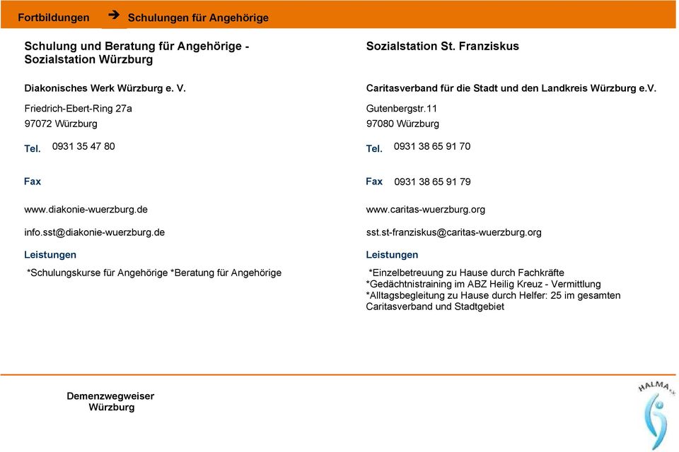 de info.sst@diakonie-wuerzburg.de *Schulungskurse für Angehörige *Beratung für Angehörige Fax 0931 38 65 91 79 www.caritas-wuerzburg.org sst.