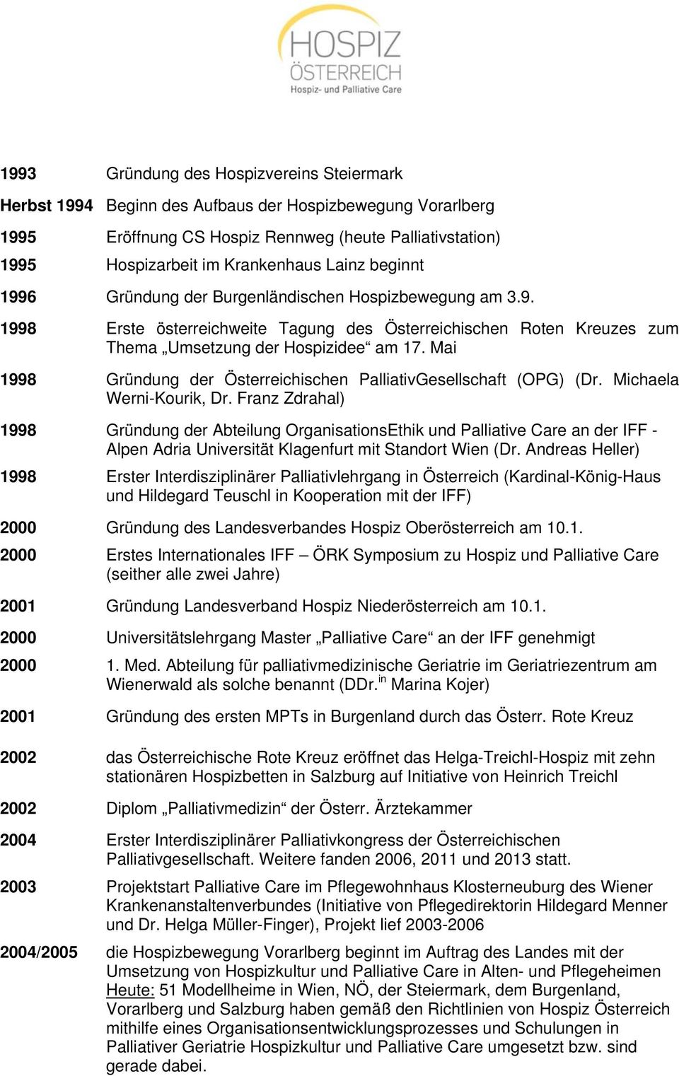 Mai 1998 Gründung der Österreichischen PalliativGesellschaft (OPG) (Dr. Michaela Werni-Kourik, Dr.