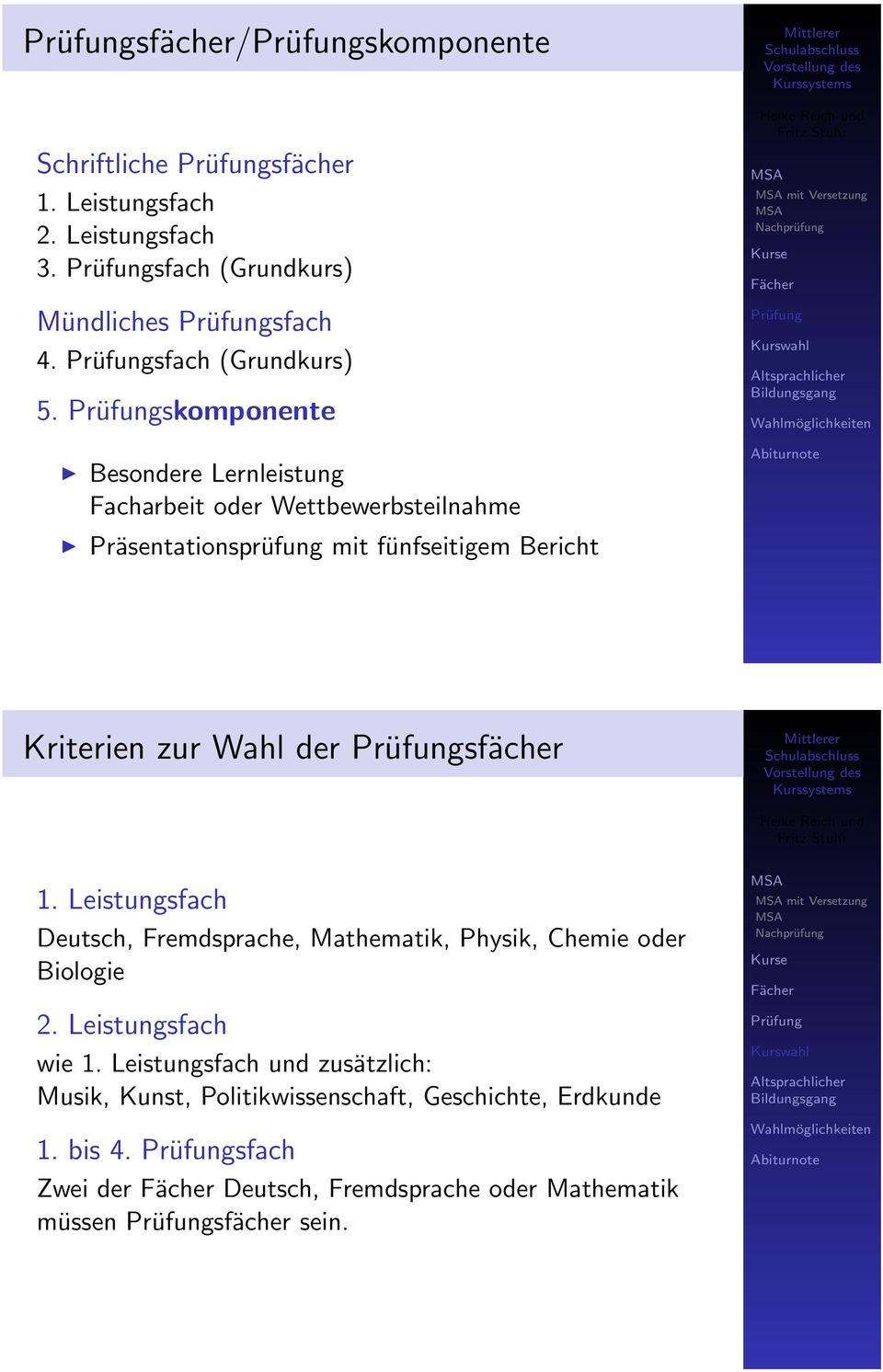 Wahl der sfächer 1. Leistungsfach Deutsch, Fremdsprache, Mathematik, Physik, Chemie Biologie 2. Leistungsfach wie 1.