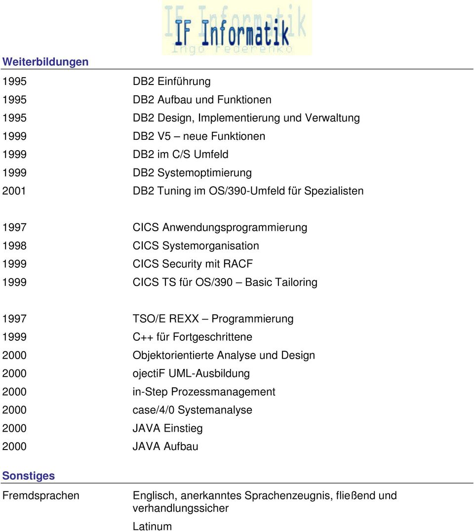 für OS/390 Basic Tailoring 1997 TSO/E REXX Programmierung 1999 C++ für Fortgeschrittene 2000 Objektorientierte Analyse und Design 2000 ojectif UML-Ausbildung 2000 in-step