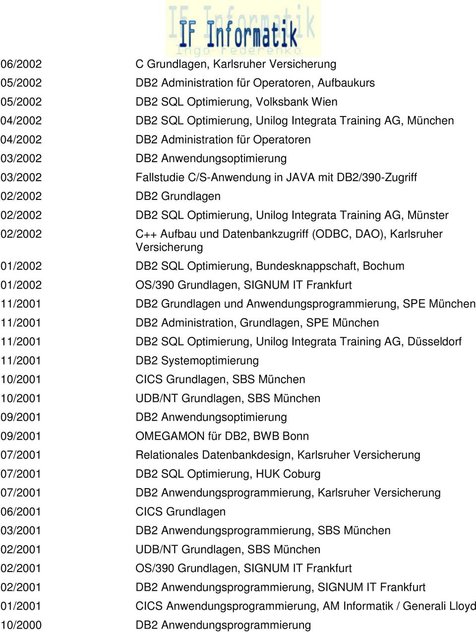 Optimierung, Unilog Integrata Training AG, Münster 02/2002 C++ Aufbau und Datenbankzugriff (ODBC, DAO), Karlsruher Versicherung 01/2002 DB2 SQL Optimierung, Bundesknappschaft, Bochum 01/2002 OS/390