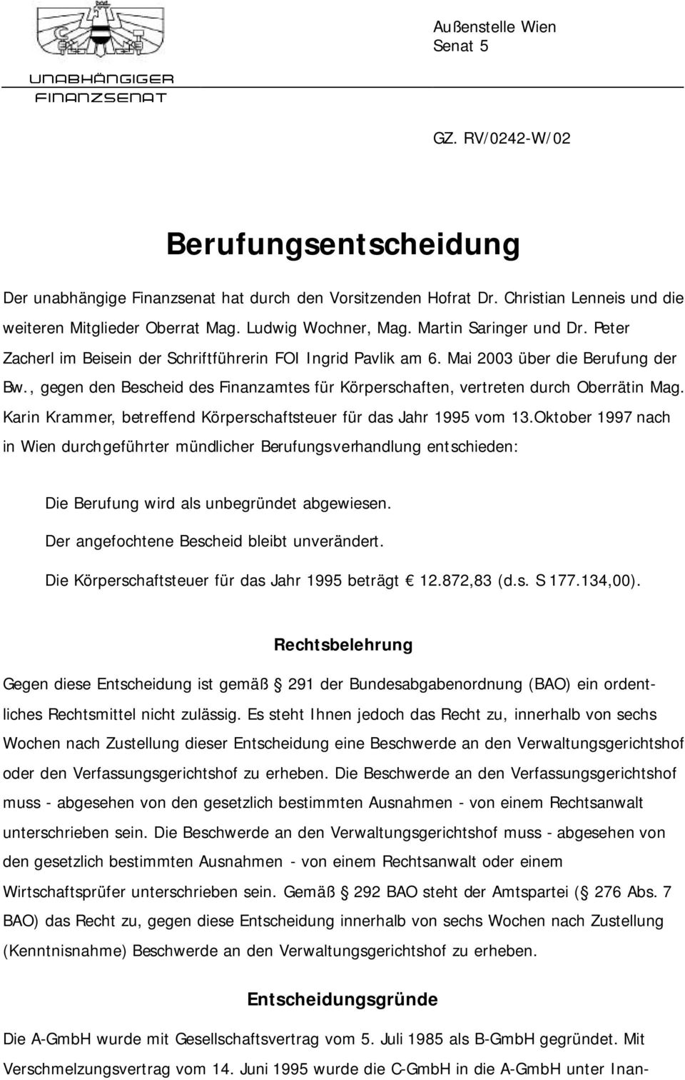 , gegen den Bescheid des Finanzamtes für Körperschaften, vertreten durch Oberrätin Mag. Karin Krammer, betreffend Körperschaftsteuer für das Jahr 1995 vom 13.