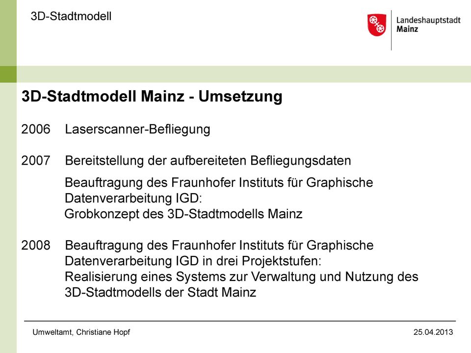 des 3D-Stadtmodells Mainz 2008 Beauftragung des Fraunhofer Instituts für Graphische Datenverarbeitung IGD