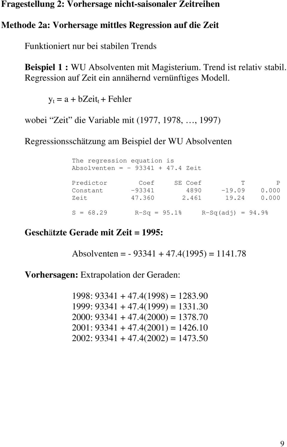 y t = a + bzeit t + Fehler wobei Zeit die Variable mit (1977, 1978,, 1997) Regressionsschätzung am Beispiel der WU Absolventen The regression equation is Absolventen = - 93341 + 47.