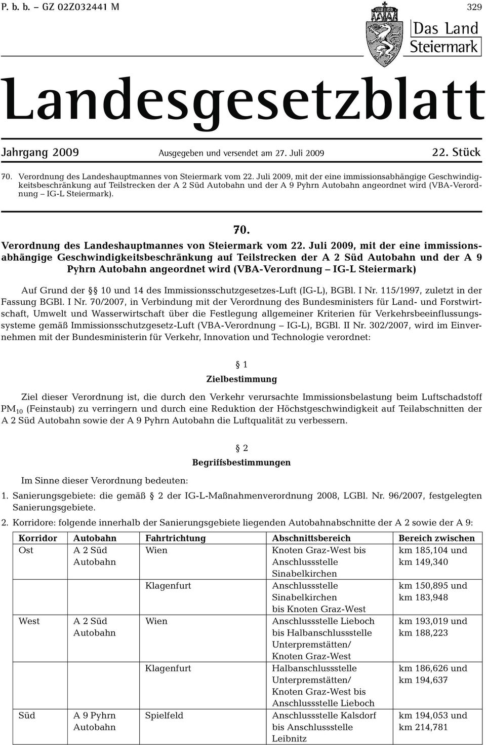 Verordnung des Landeshauptmannes von Steiermark vom 22.