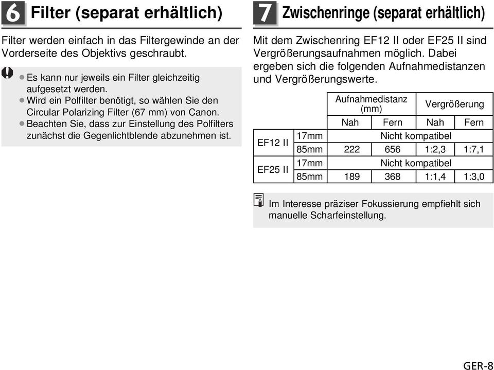 7 Zwischenringe (separat erhältlich) Mit dem Zwischenring EF12 II oder EF25 II sind Vergrößerungsaufnahmen möglich. Dabei ergeben sich die folgenden Aufnahmedistanzen und Vergrößerungswerte.