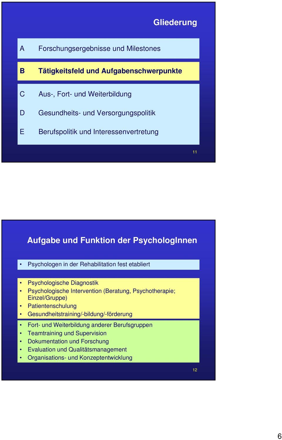 Psychologische Diagnostik Psychologische Intervention (Beratung, Psychotherapie; Einzel/Gruppe) Patientenschulung Gesundheitstraining/-bildung/-förderung