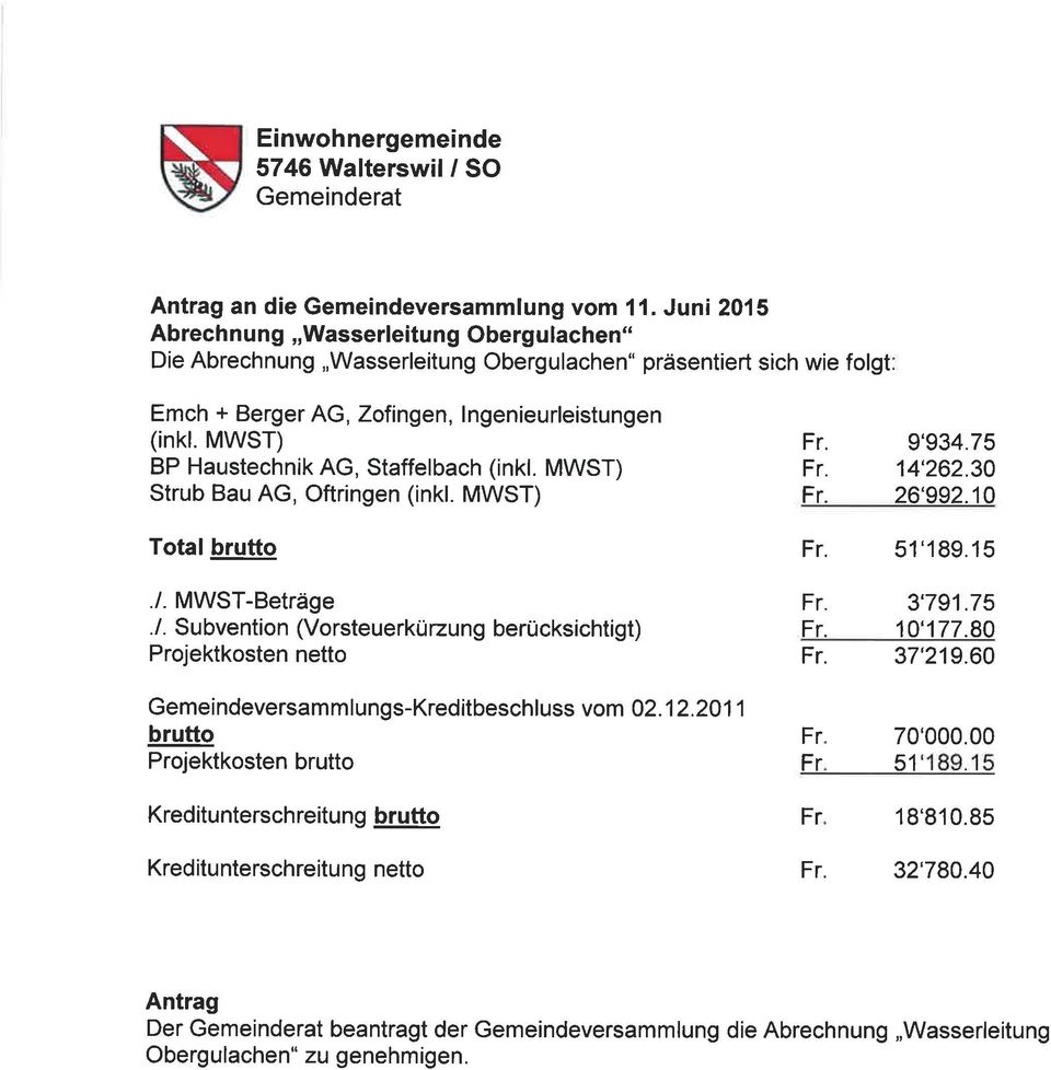 MWST) BP Haustechnik AG, Staffelbach (inkl. MWST) Strub Bau AG, Oftringen (inkl. MWST) Total brutto./. MWST-Beträge./. Subvention (Vorsteuerküzung berücksichtigt) Projektkosten netto 9'934.75 14'262.
