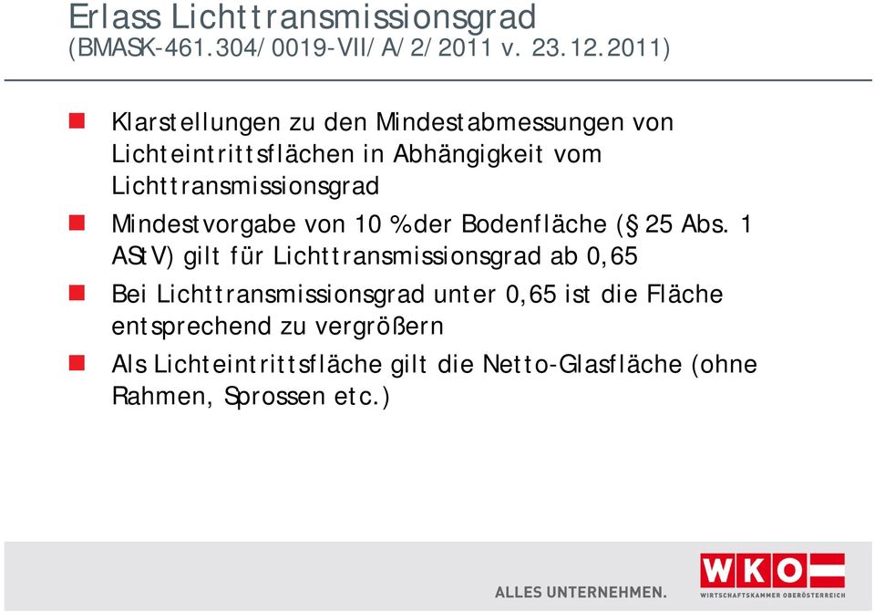 Lichttransmissionsgrad Mindestvorgabe von 10 % der Bodenfläche ( 25 Abs.