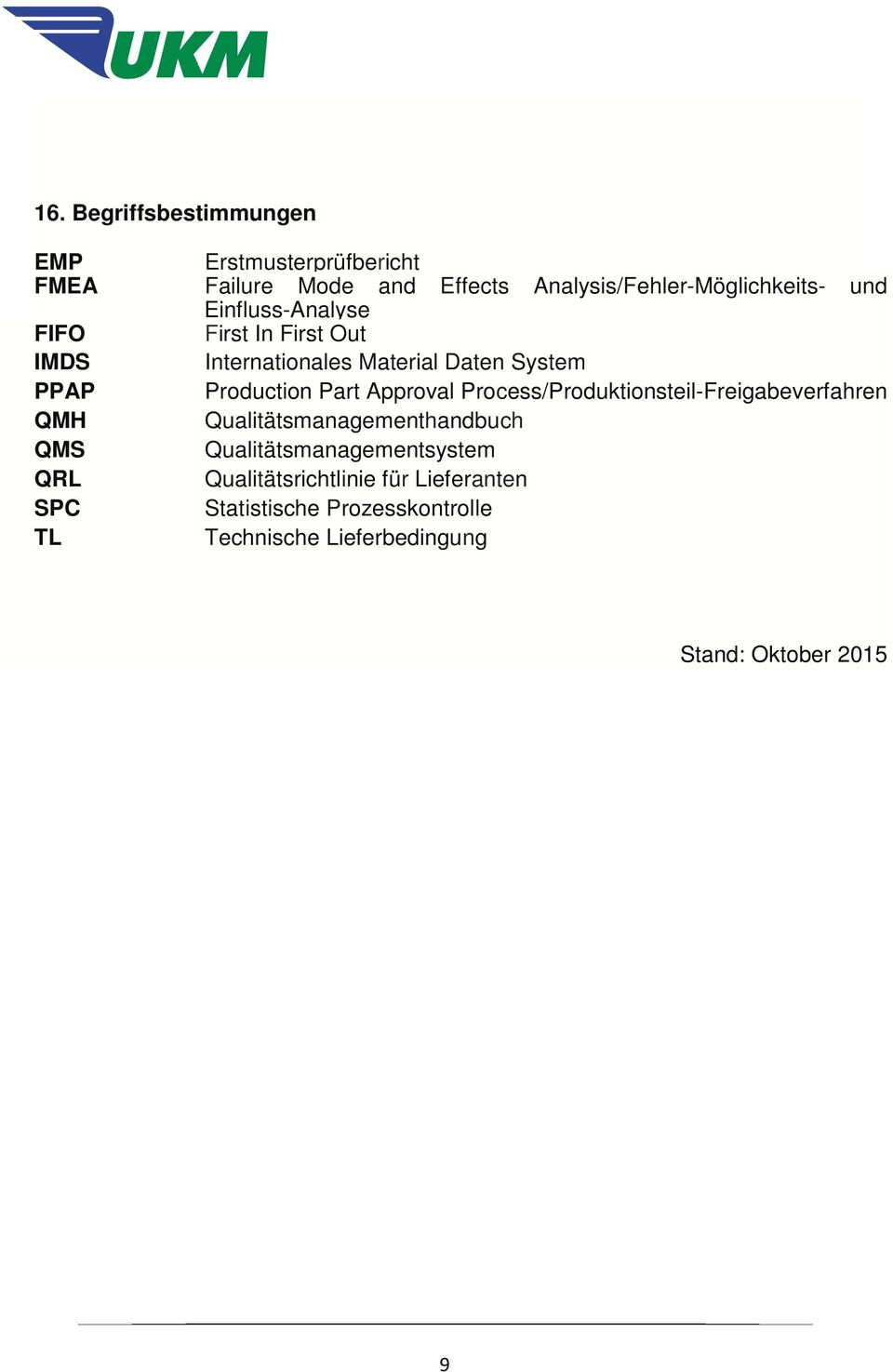 Production Part Approval Process/Produktionsteil-Freigabeverfahren Qualitätsmanagementhandbuch