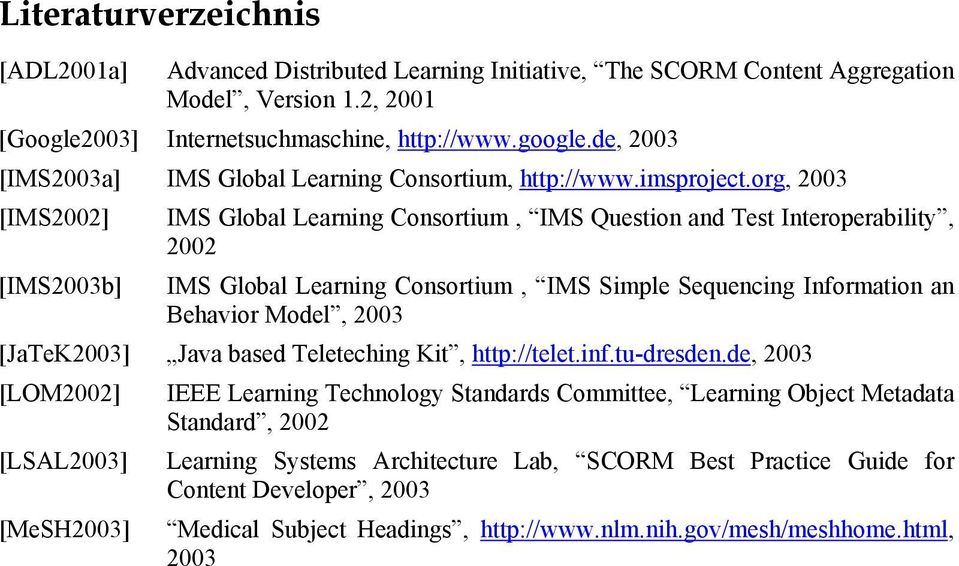 org, 2003 [IMS2002] [IMS2003b] IMS Global Learning Consortium, IMS Question and Test Interoperability, 2002 IMS Global Learning Consortium, IMS Simple Sequencing Information an Behavior Model, 2003
