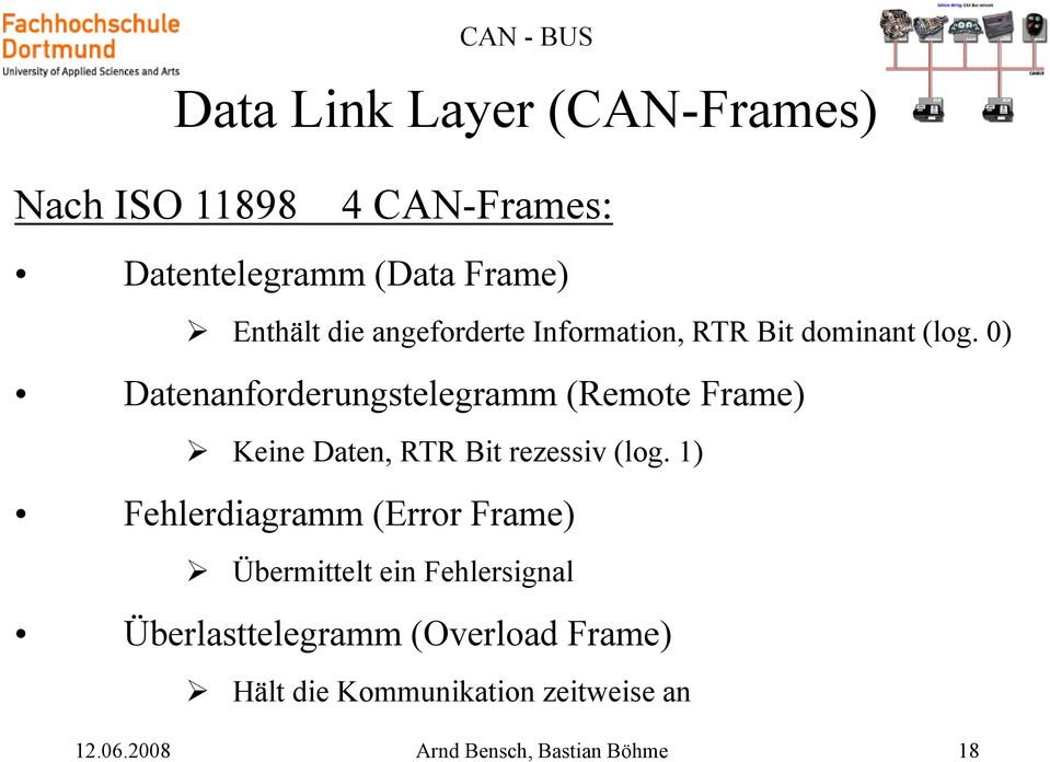 0) Datenanforderungstelegramm (Remote Frame) Keine Daten, RTR Bit rezessiv (log.