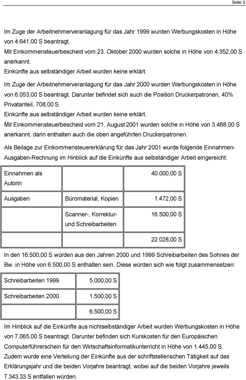 Darunter befindet sich auch die Position Druckerpatronen, 40% Privatanteil, 708,00 S. Einkünfte aus selbständiger Arbeit wurden keine erklärt. Mit Einkommensteuerbescheid vom 21.