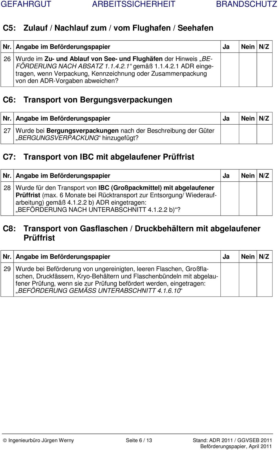 C7: Transport von IBC mit abgelaufener Prüffrist 28 Wurde für den Transport von IBC (Großpackmittel) mit abgelaufener Prüffrist (max.