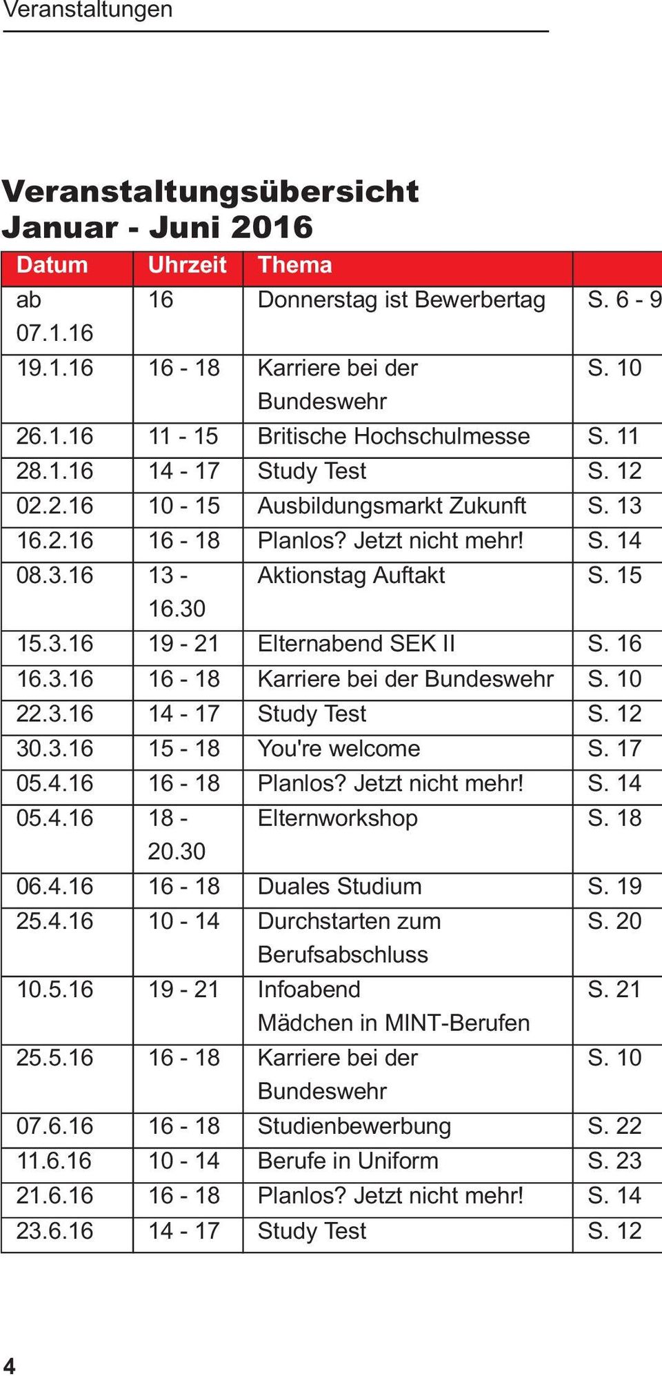 16 16.3.16 16-18 Karriere bei der Bundeswehr S. 10 22.3.16 14-17 Study Test S. 12 30.3.16 15-18 You're welcome S. 17 05.4.16 16-18 Planlos? Jetzt nicht mehr! S. 14 05.4.16 18 20.30 Elternworkshop S.