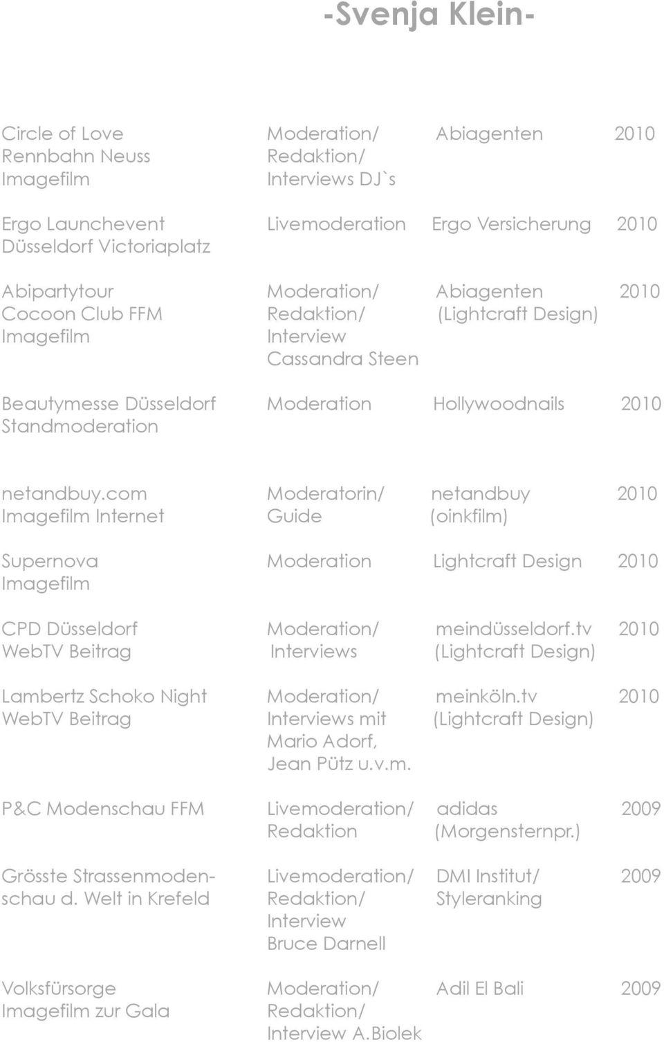 com Moderatorin/ netandbuy 2010 Internet Guide (oinkfilm) Supernova Moderation Lightcraft Design 2010 CPD Düsseldorf Moderation/ meindüsseldorf.