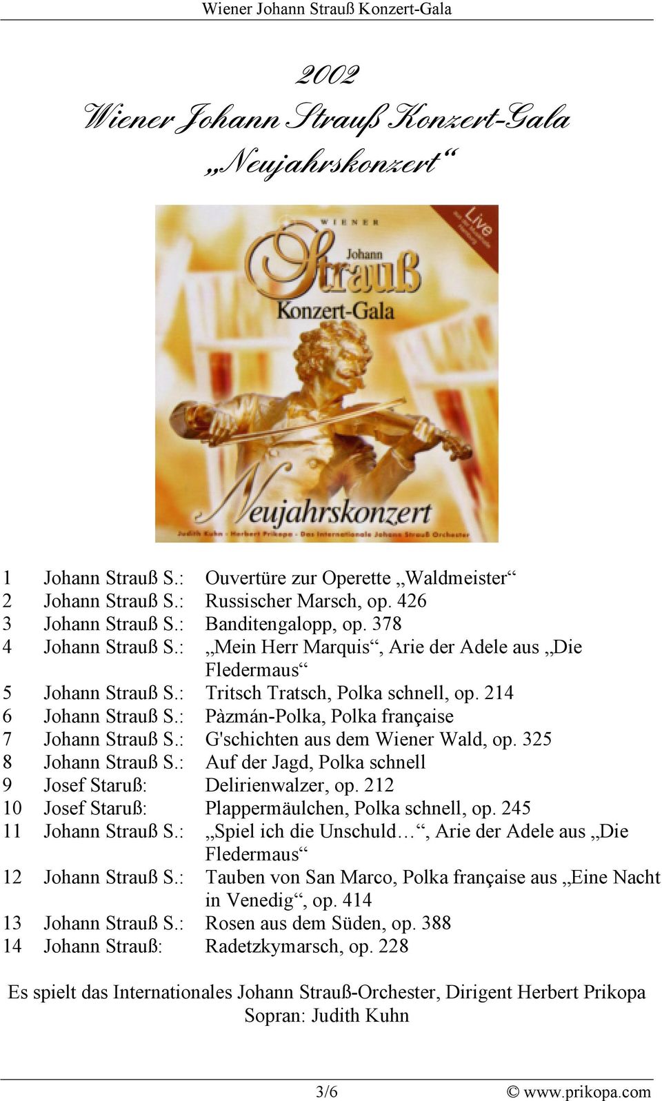 : G'schichten aus dem Wiener Wald, op. 325 8 Johann Strauß S.: Auf der Jagd, Polka schnell 9 Josef Staruß: Delirienwalzer, op. 212 10 Josef Staruß: Plappermäulchen, Polka schnell, op.