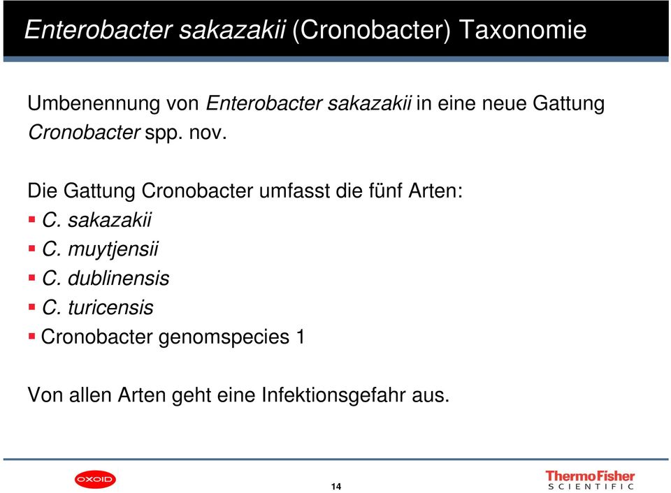 Die Gattung Cronobacter umfasst die fünf Arten: C. sakazakii C. muytjensii C.