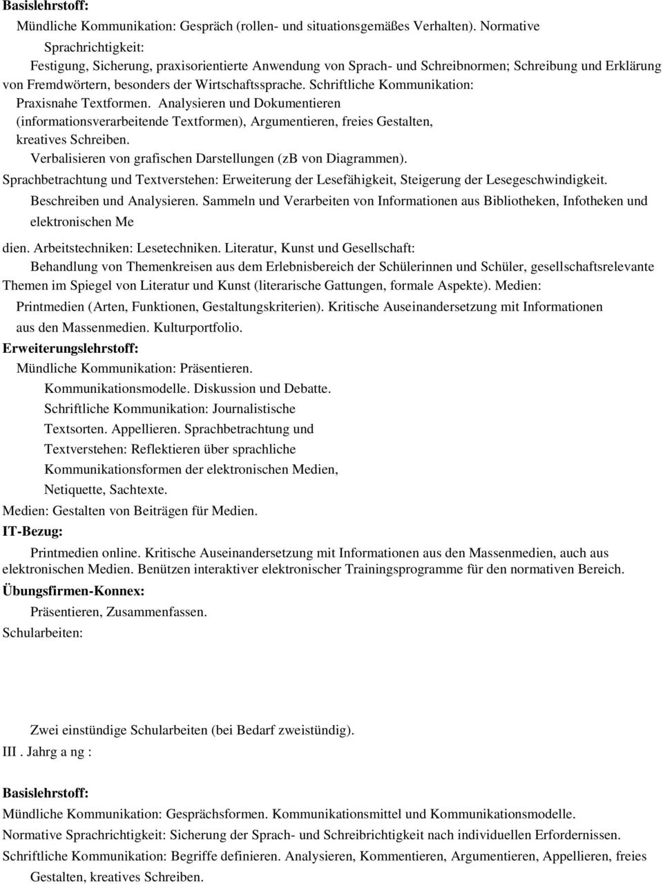 Schriftliche Kommunikation: Praxisnahe Textformen. Analysieren und Dokumentieren (informationsverarbeitende Textformen), Argumentieren, freies Gestalten, kreatives Schreiben.